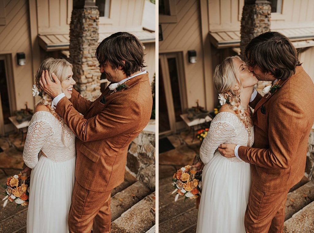 Boho bride and groom first looks photos at their backyard wedding in Tennessee