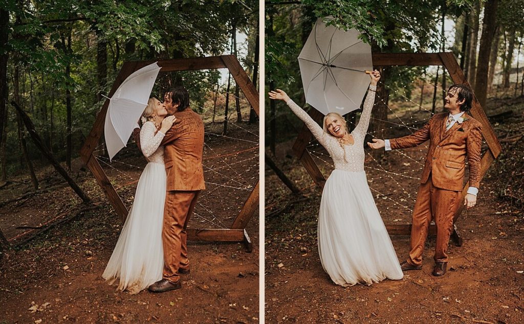 Rainy backyard wedding in Tennessee with a wooden hexagon arch and fairy lights