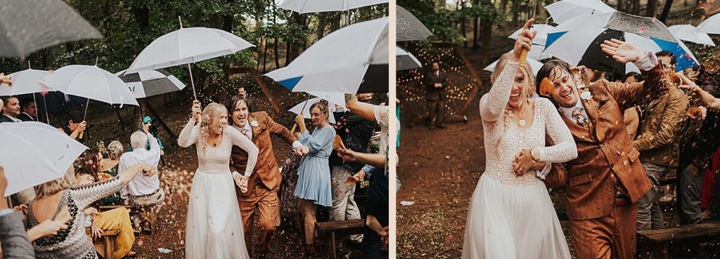 Bride and groom recessional holding umbrellas at their backyard wedding in Tennessee