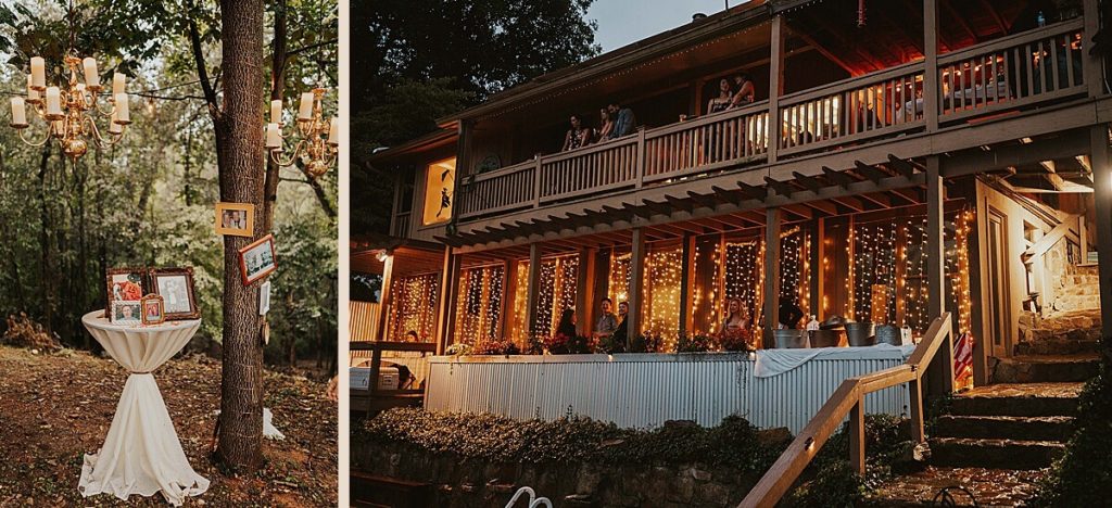 Boho backyard wedding in Tennessee with outdoor chandeliers, cocktail tables and fairy lights