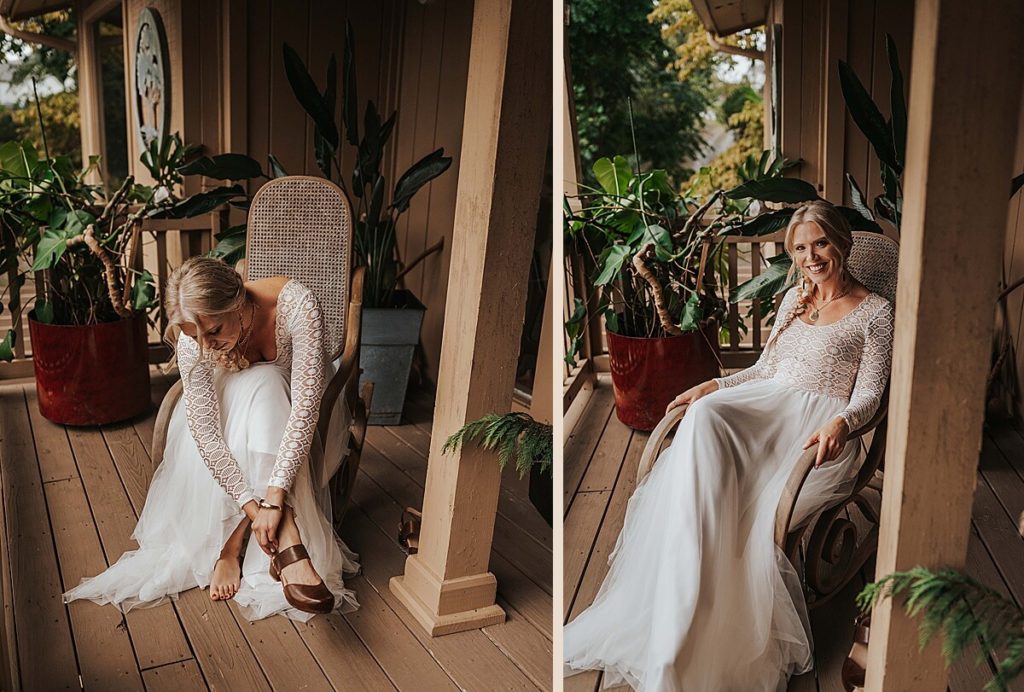 Boho bride sitting on a back porch in Tennessee surrounded by plants 