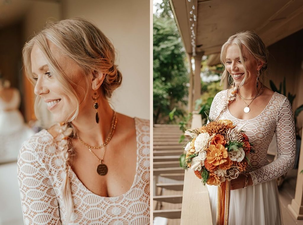 Boho Tennessee bride with gold jewelry and a orange and yellow floral bouquet 
