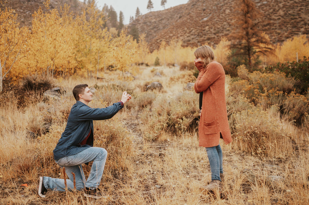 Man on one knee proposing to his girlfriend in the mountains.
