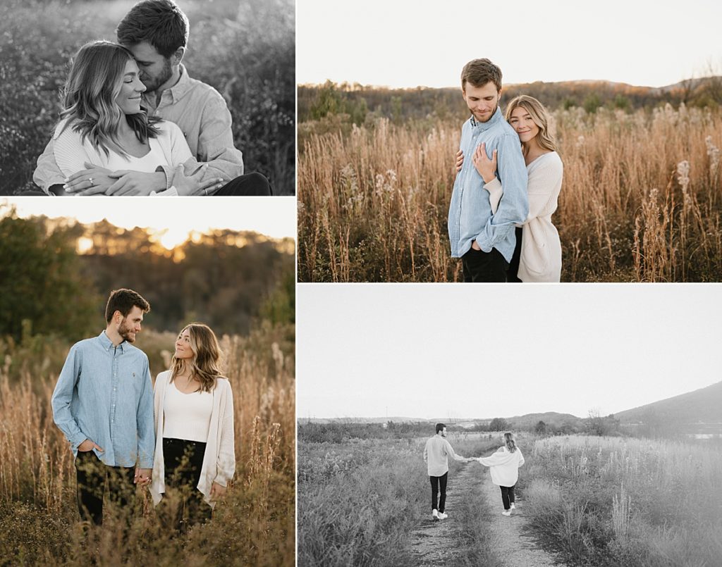 Engagement photos of a couple in tall grass.