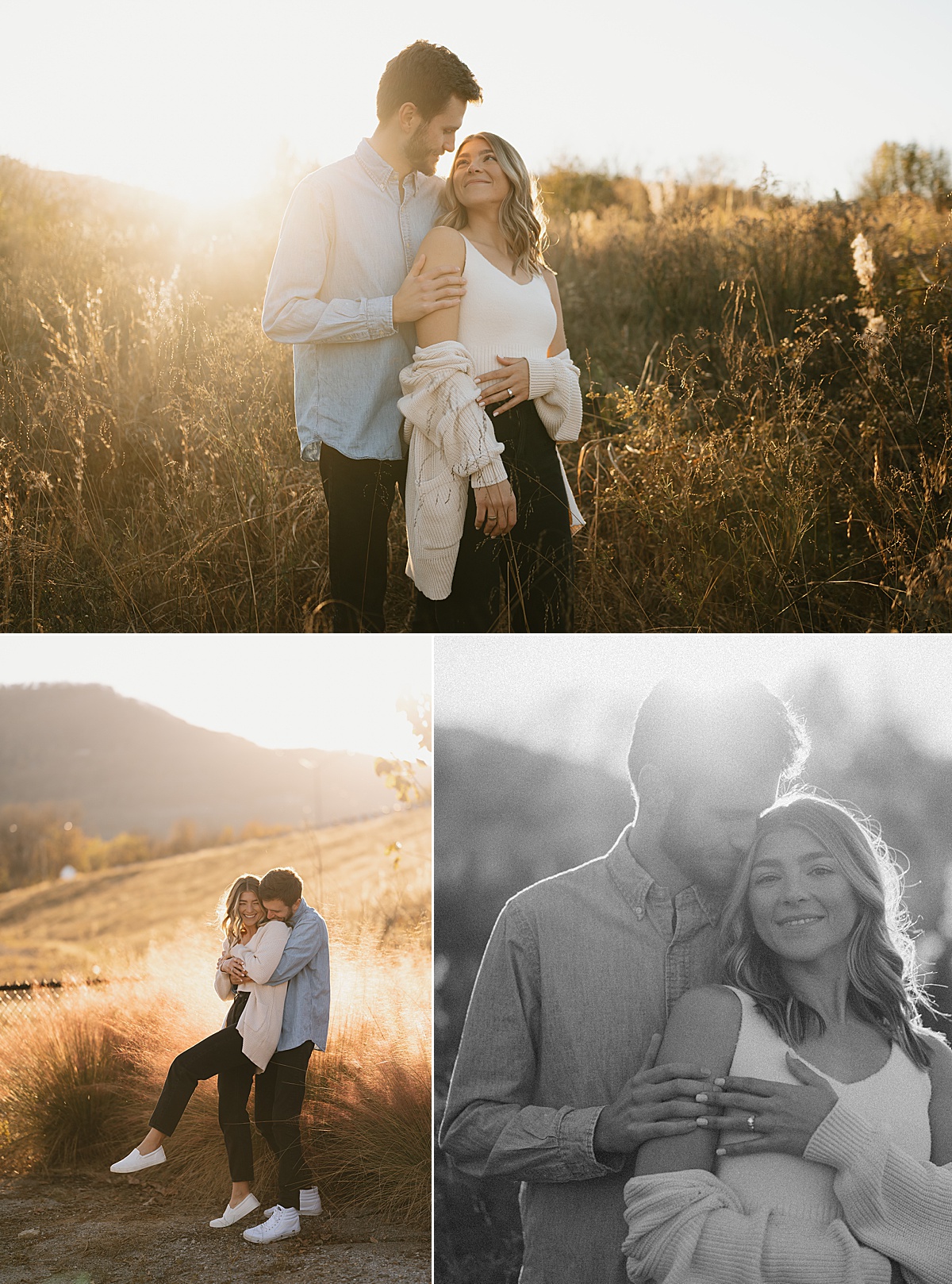 Casual engagement photos at the Tennessee Riverpark with tall grass.