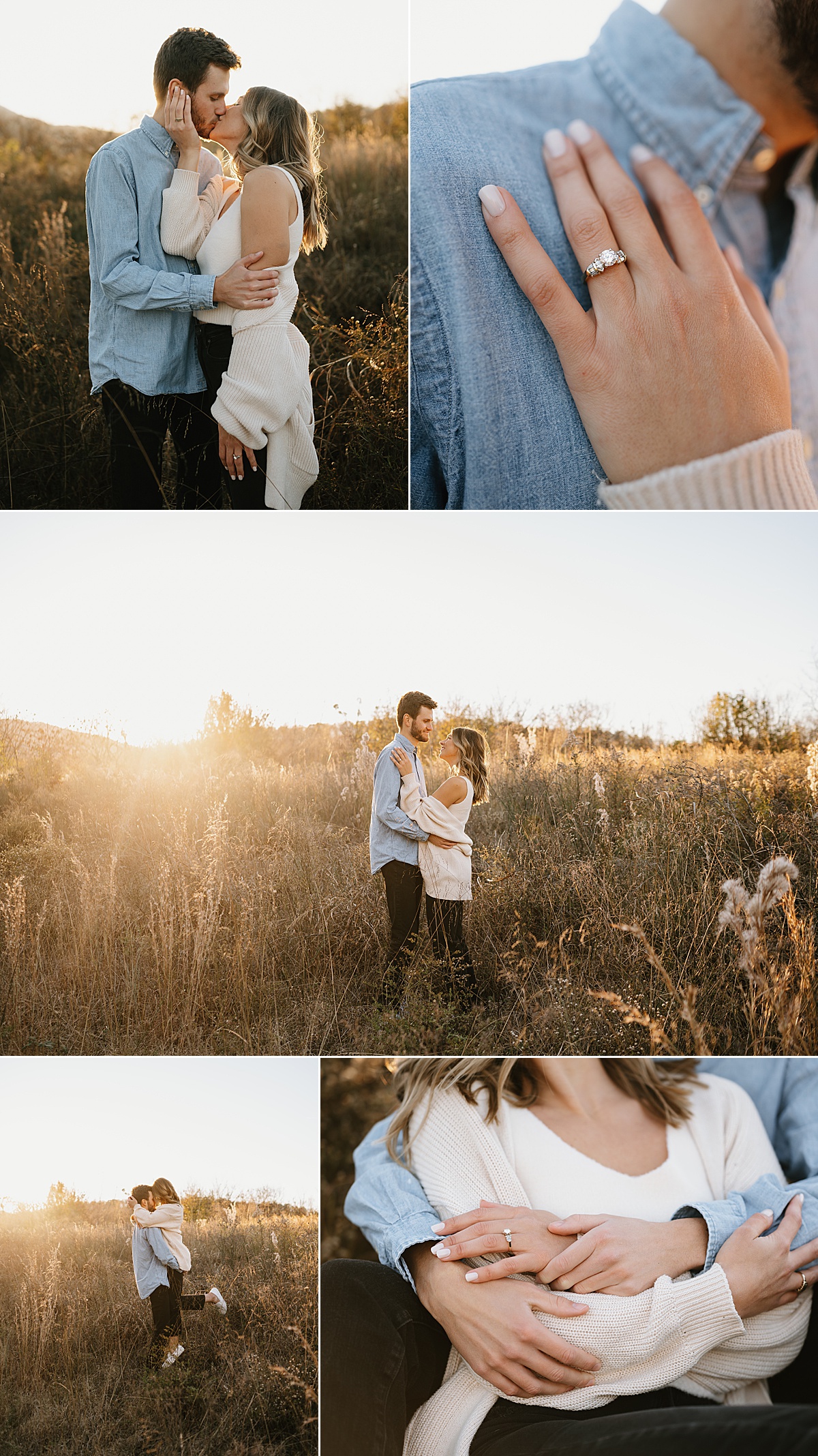 Engagement photo session in Tennessee at the Riverpark with tall grass and up close shots of the hand and engagement ring.