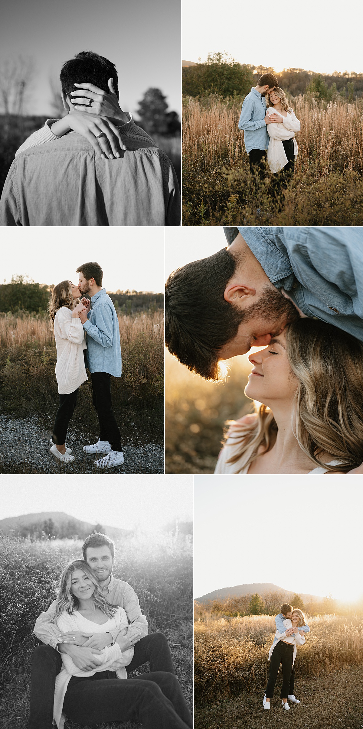 Golden hour engagement photos in Tennessee with tall grass.