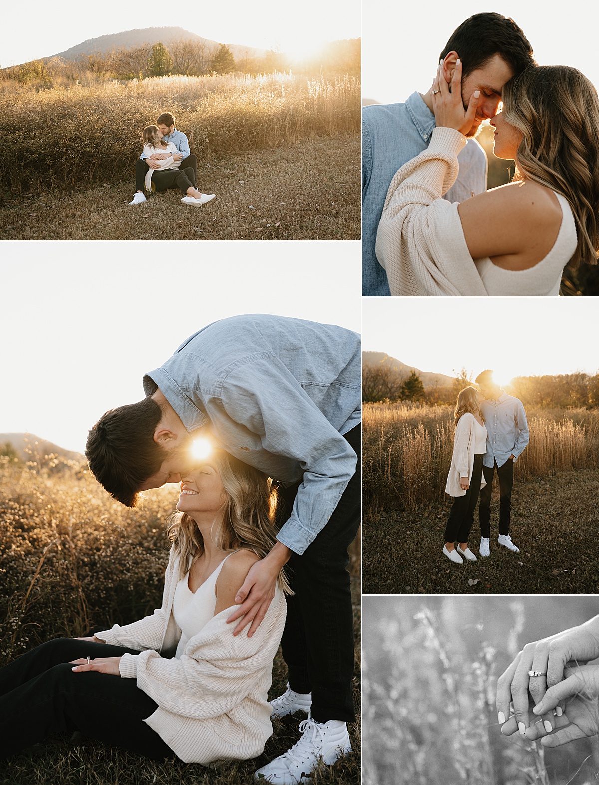 Fall engagement photos at sunset with neutral outfits. 