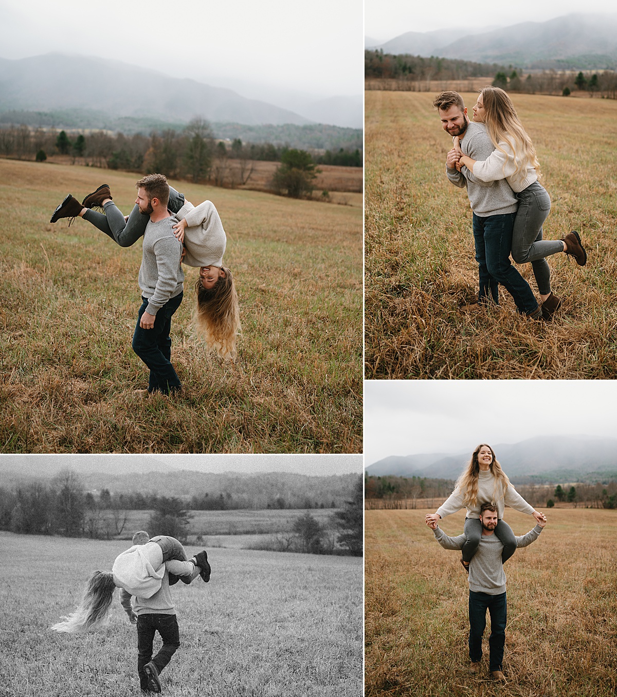 Engagement photo session with the man lifting up the woman over his shoulder in a playful way.