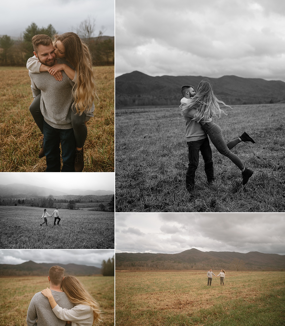 Romantic engagement photos at Cade's Cove in Smoky Mountains National Park at sunrise.