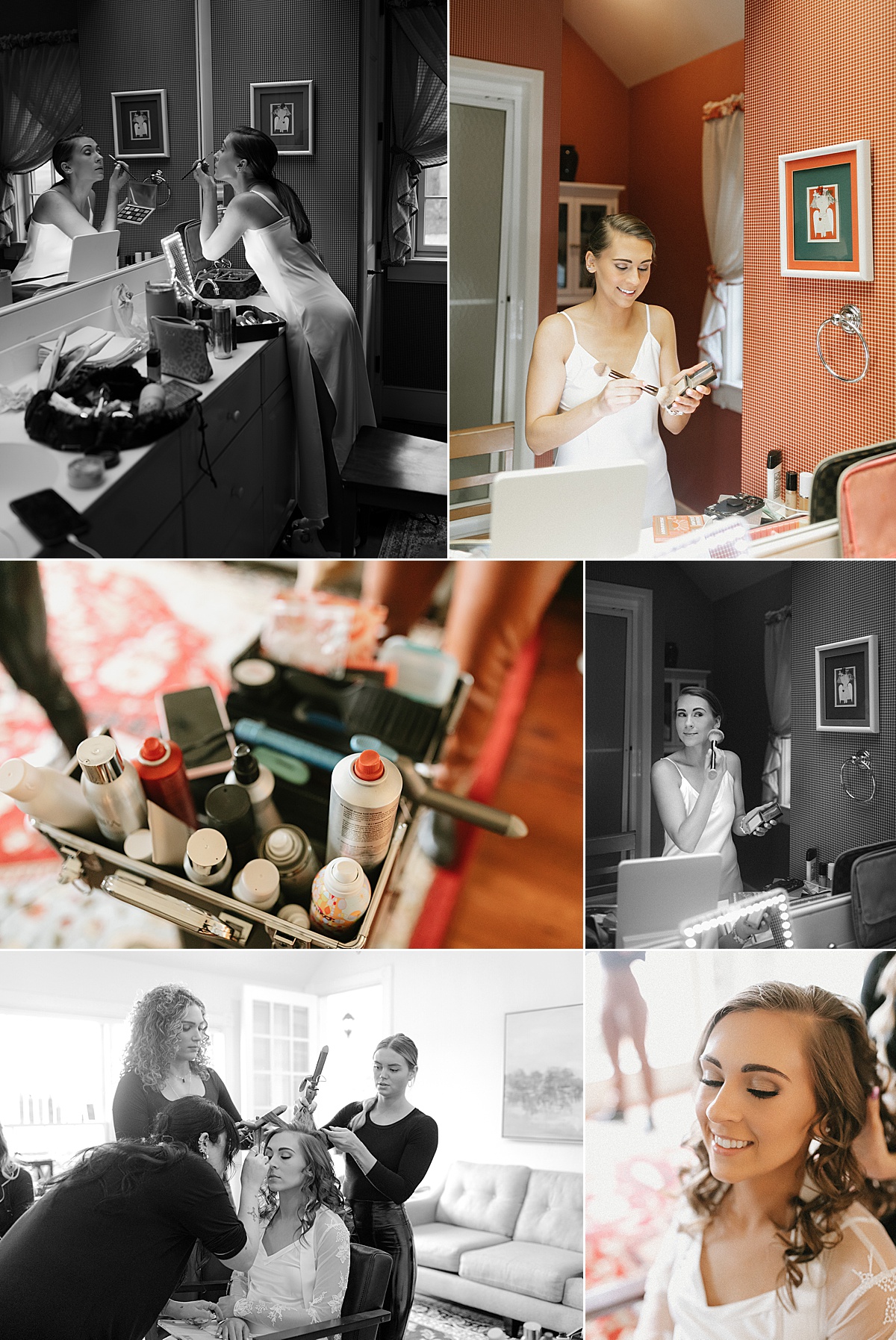 Bride getting her hair and makeup done at Marblegate Farms in Tennessee.