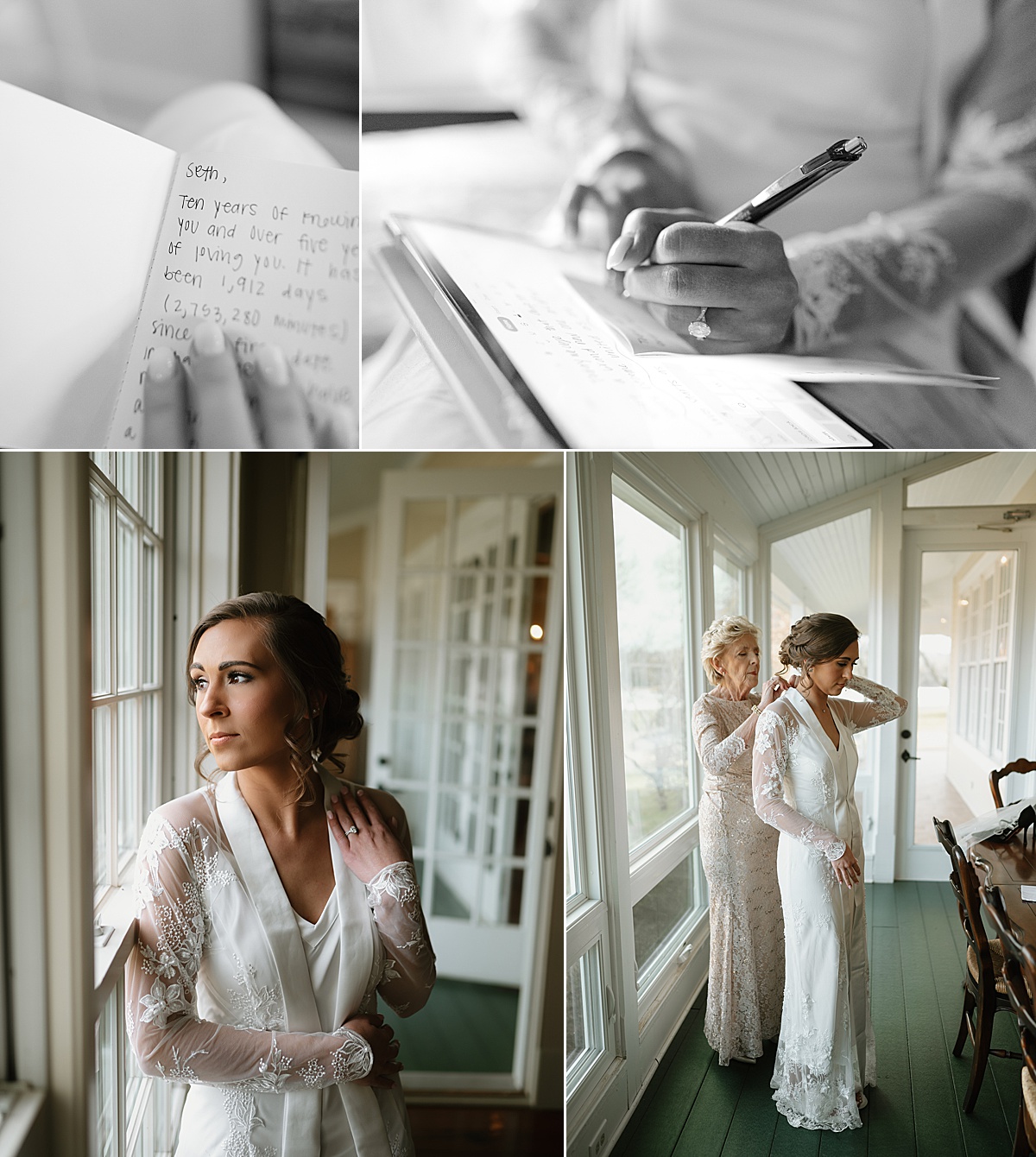 Bride getting ready in front of a large window at Marblegate Farms and writing a letter to her soon-to-be-husband.