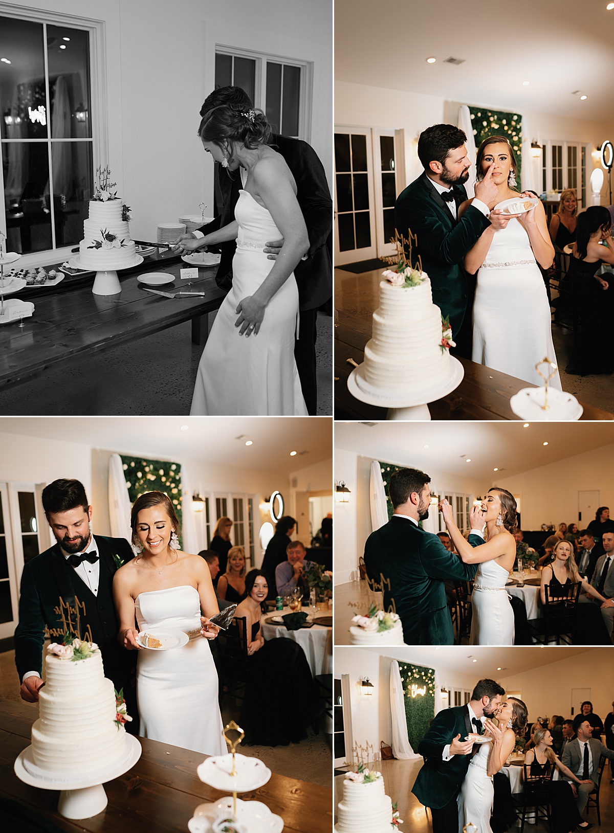 Bride and groom wedding reception cake cutting ceremony.