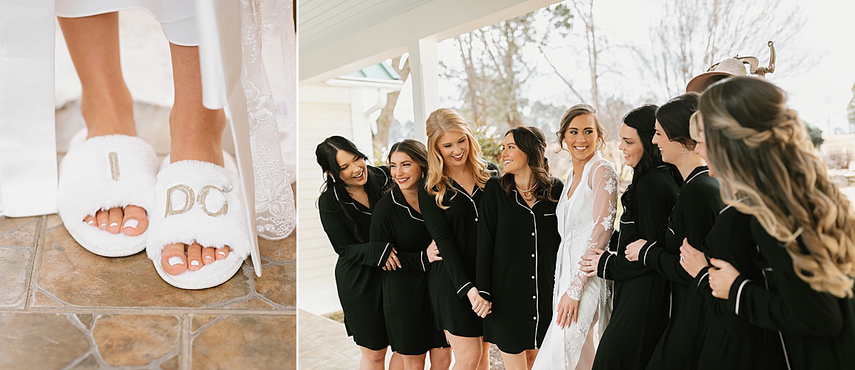 Bride and bridesmaids getting ready in matching black and white nightgowns and monogrammed slippers.