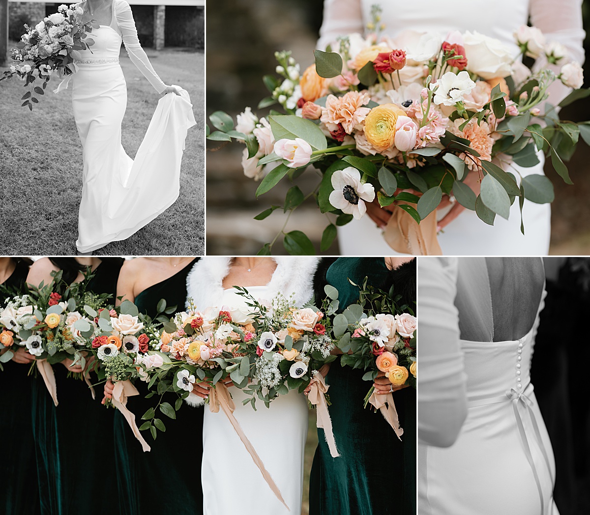 Bride and bridesmaid wedding bouquets featuring a white, orange, and pink color palette with greenery.