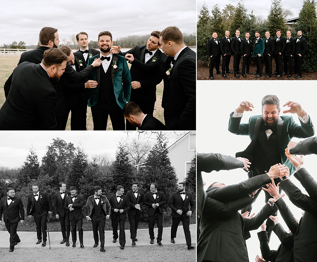 Groom and groomsmen wedding day photos featuring all black groomsmen attire and a velvet green groom's jacket.