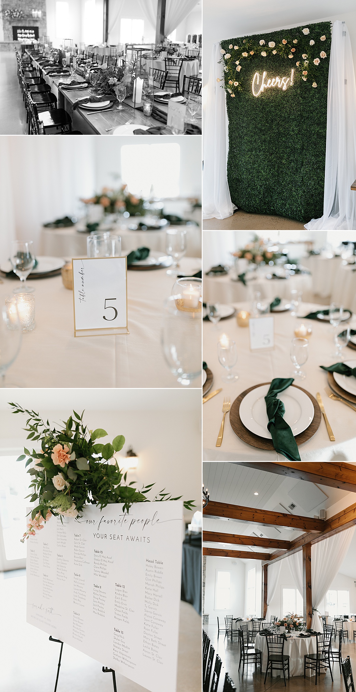 Elegant emerald green, black and gold wedding reception details with faux grass wall backdrop.