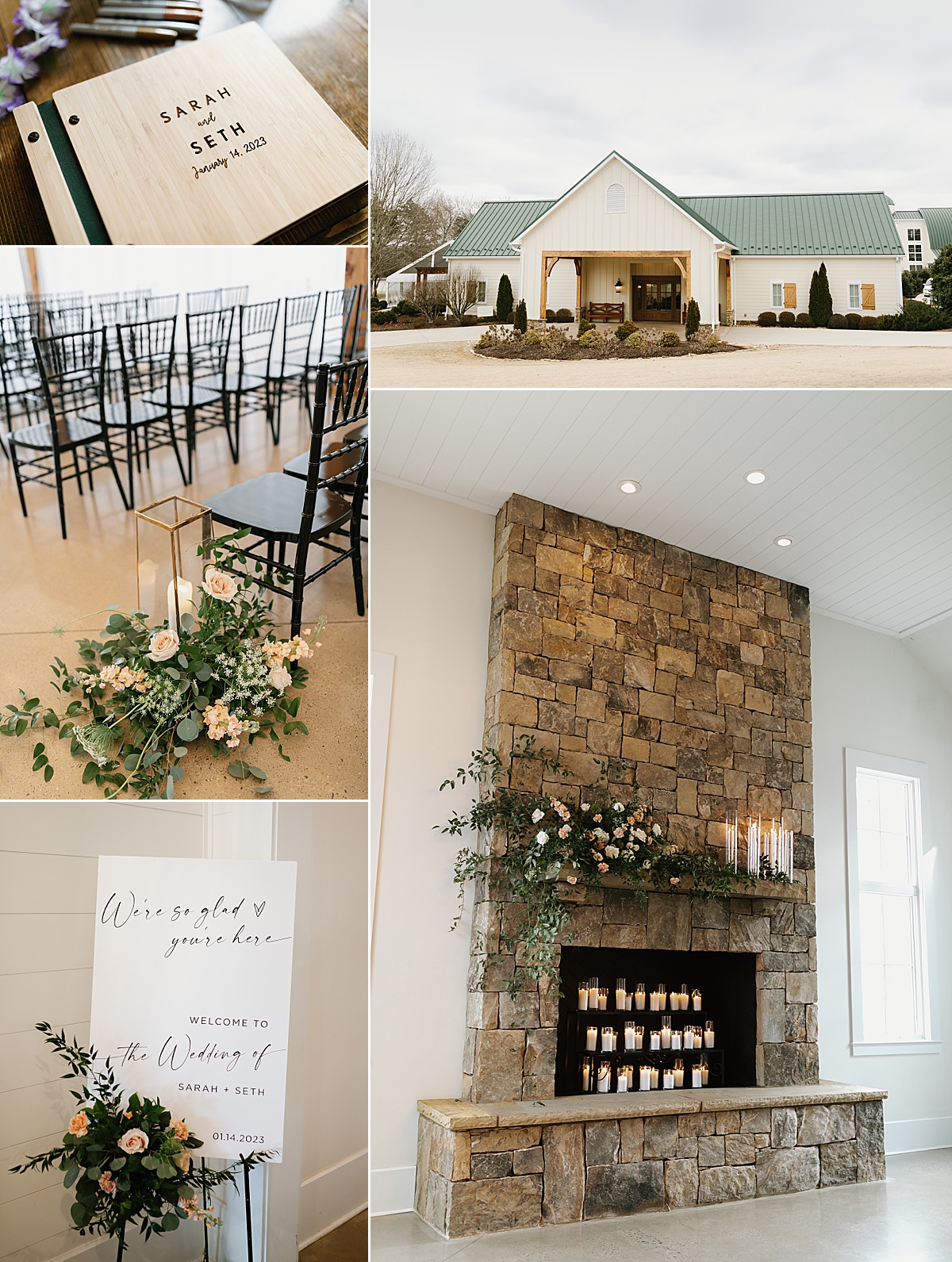 Indoor wedding ceremony details at Marblegate Farms in Tennessee.