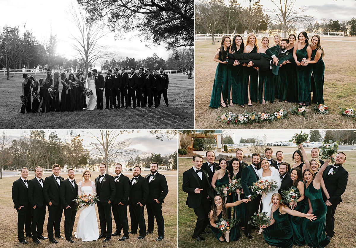 Wedding party portraits featuring all black groomsmen attire and emerald green velvet bridesmaid dresses.