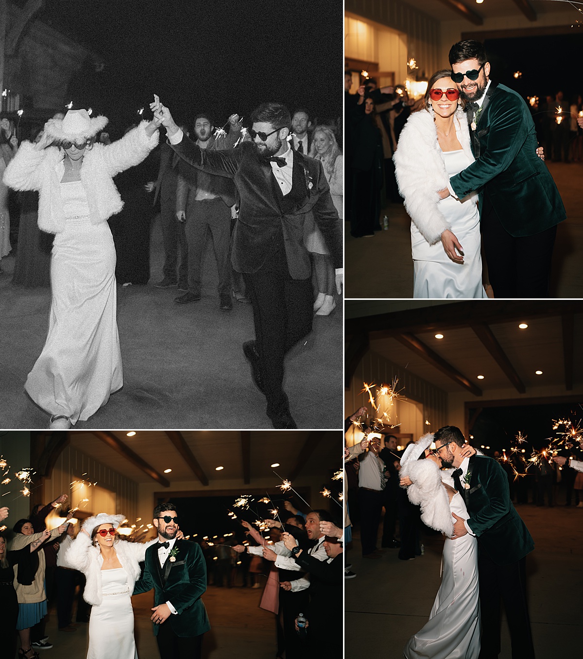 Wedding sparkler exit with bride and groom wearing heart-shaped sunglasses and a white cowboy hat.