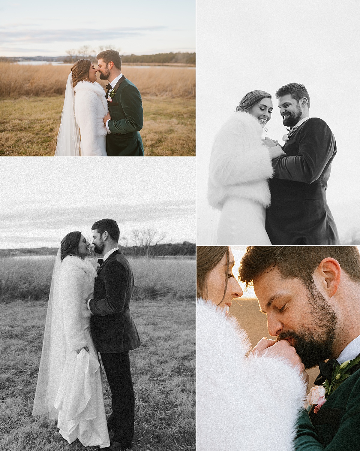 Romantic winter wedding bride and groom portraits at Marblegate Farms.
