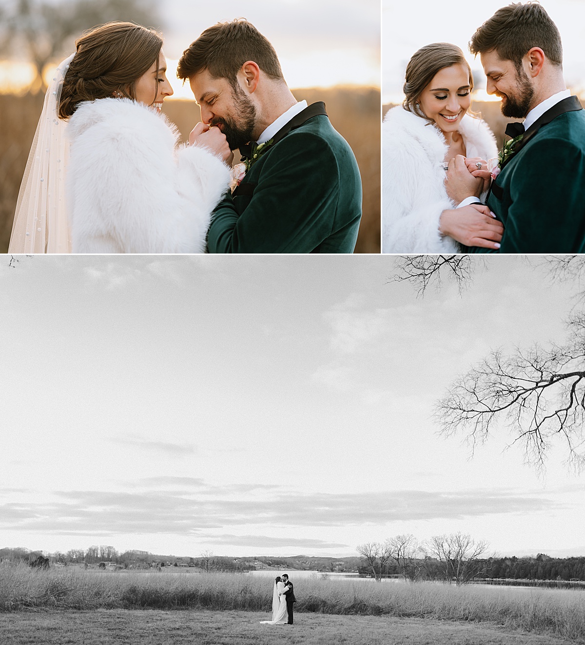 Winter bride and groom wedding day portraits.