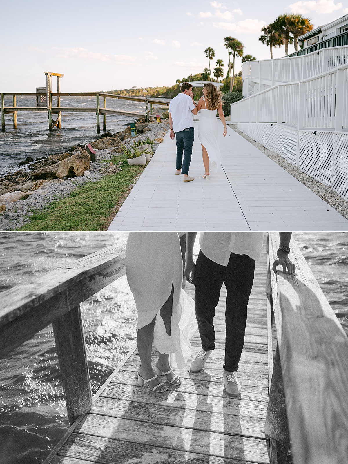 Bride and groom walking on a dock in Malabar, Florida at sunset.