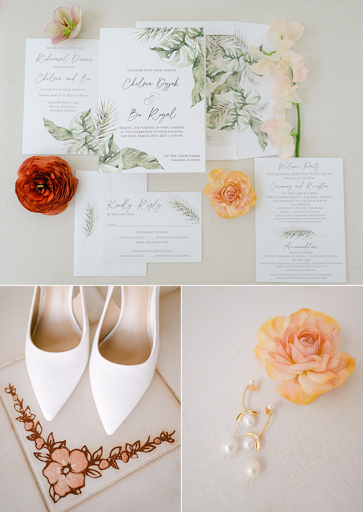Tropical wedding detail flat lay with stationery suite and bridal accessories.