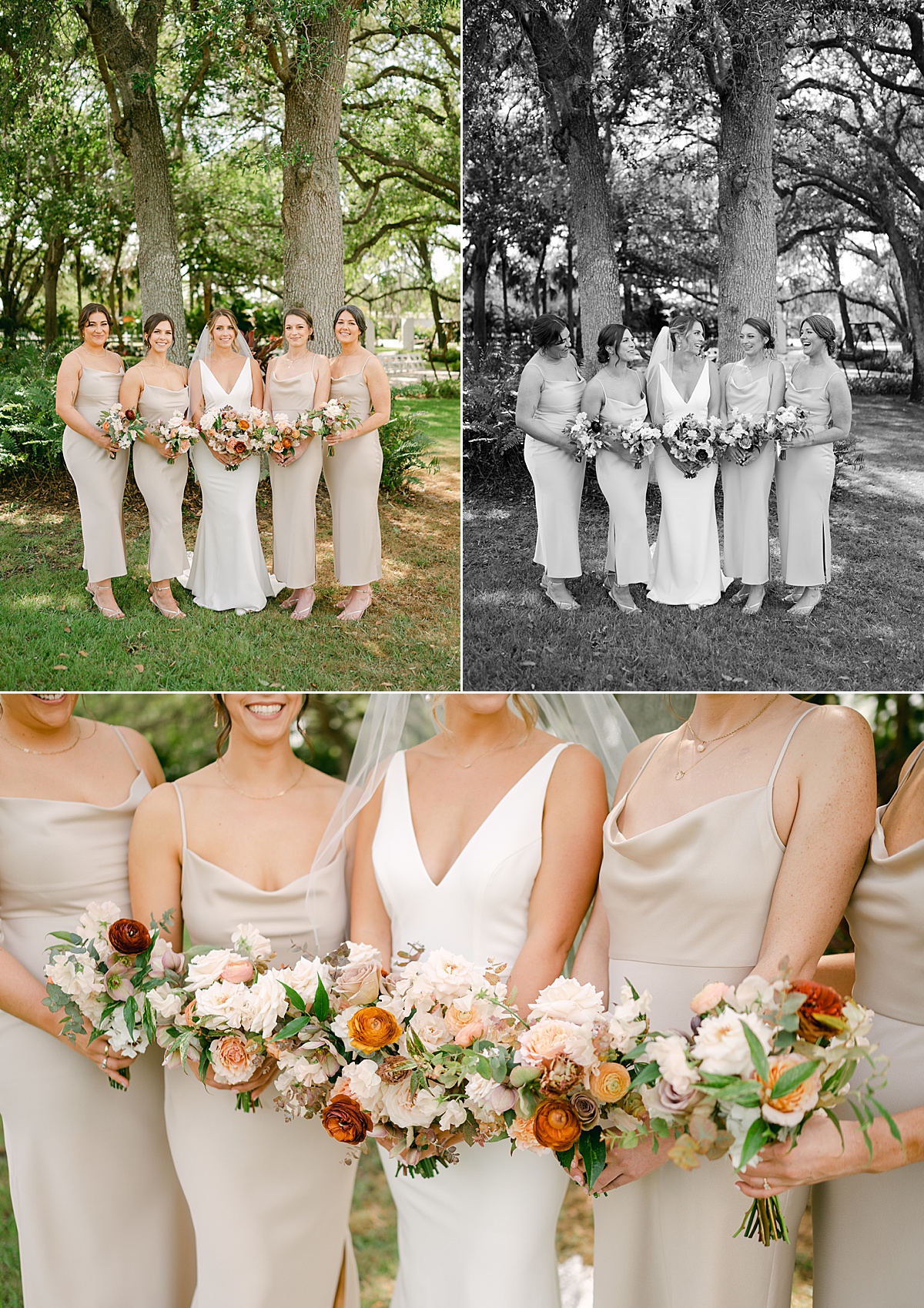 Bride and bridesmaid portraits featuring light champagne simple spaghetti strap bridesmaid dresses and matching bouquets.