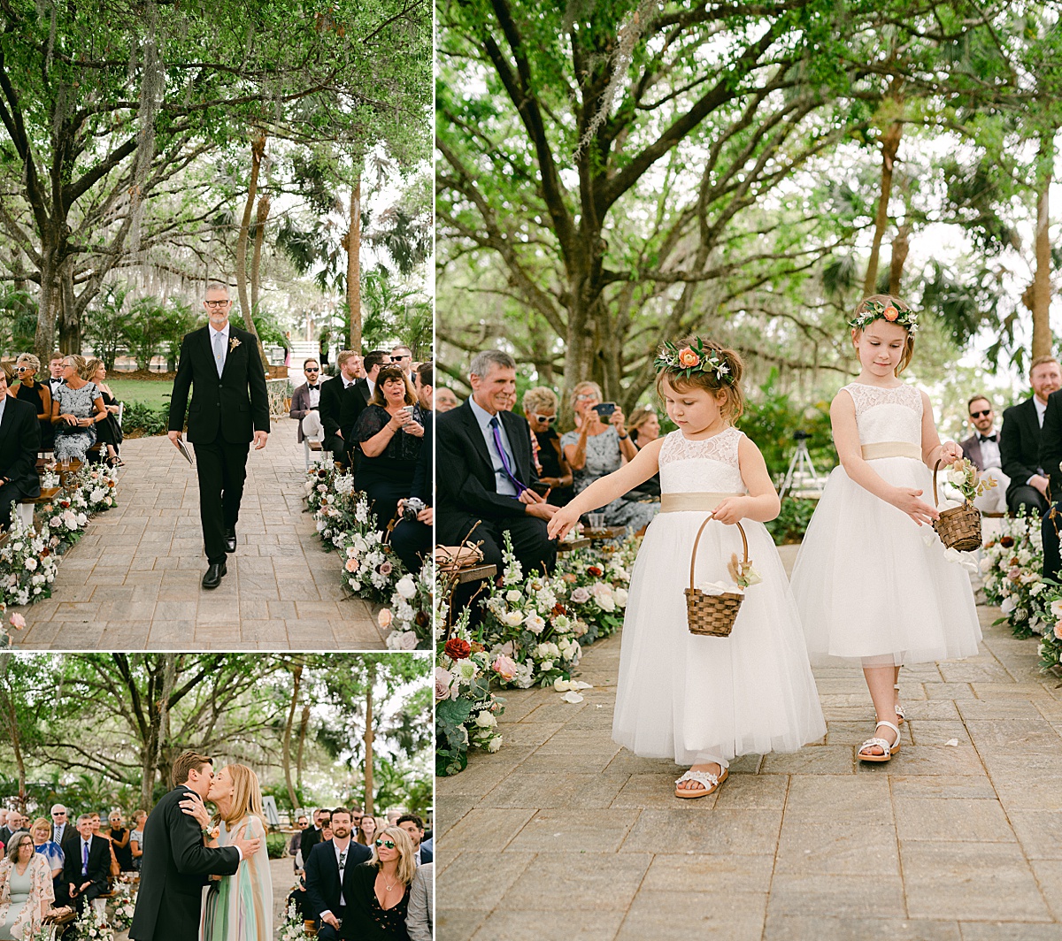 Flower girls, officiant and groom walking down the aisle of an outdoor destination wedding.