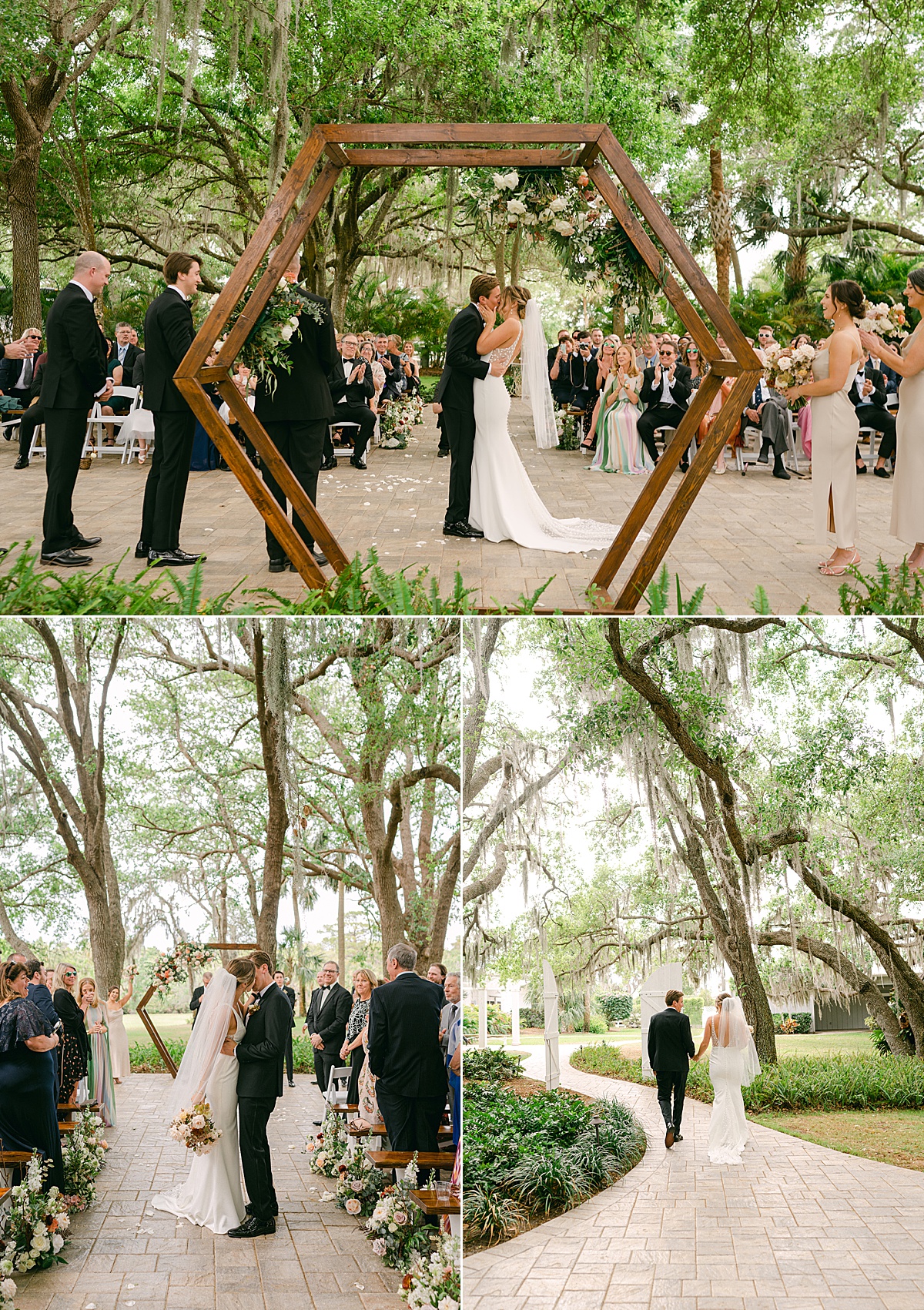 Bride and groom first kiss at their outdoor destination wedding ceremony in Malabar, Florida.