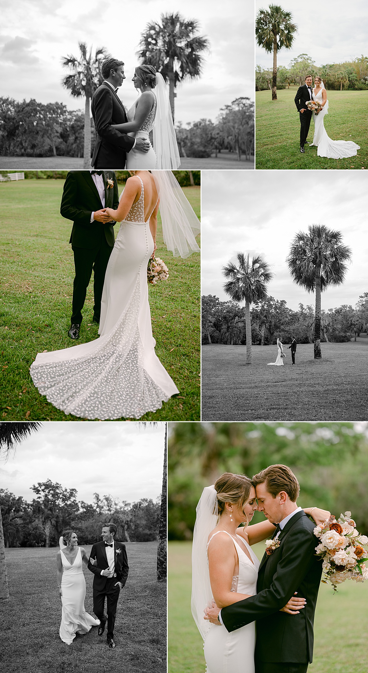 Bride and groom destination wedding day portraits on a grass lawn with palm trees in Malabar, Florida.