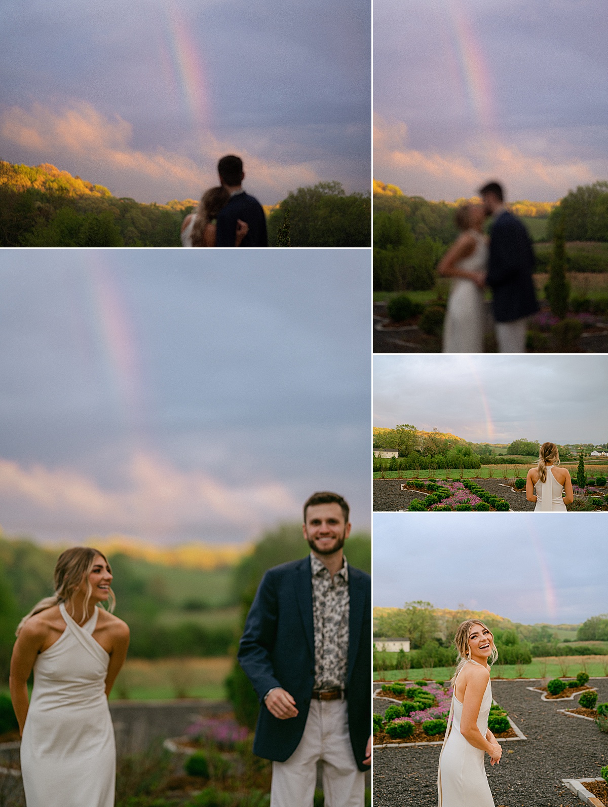 Wedding rehearsal dinner bride and groom portraits with a surprise rainbow. 