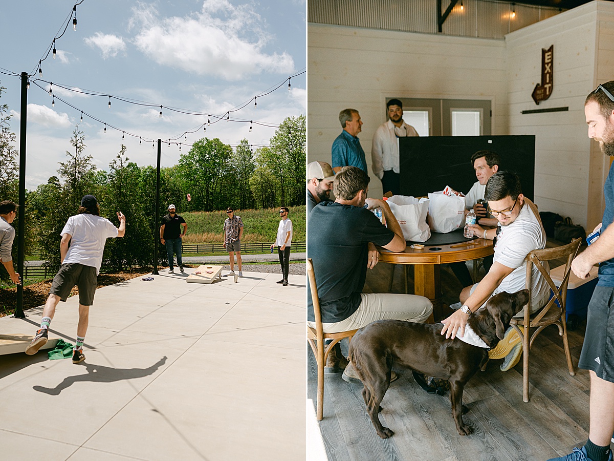 Groom and groomsmen playing cornhole and eating fast food before getting ready. 