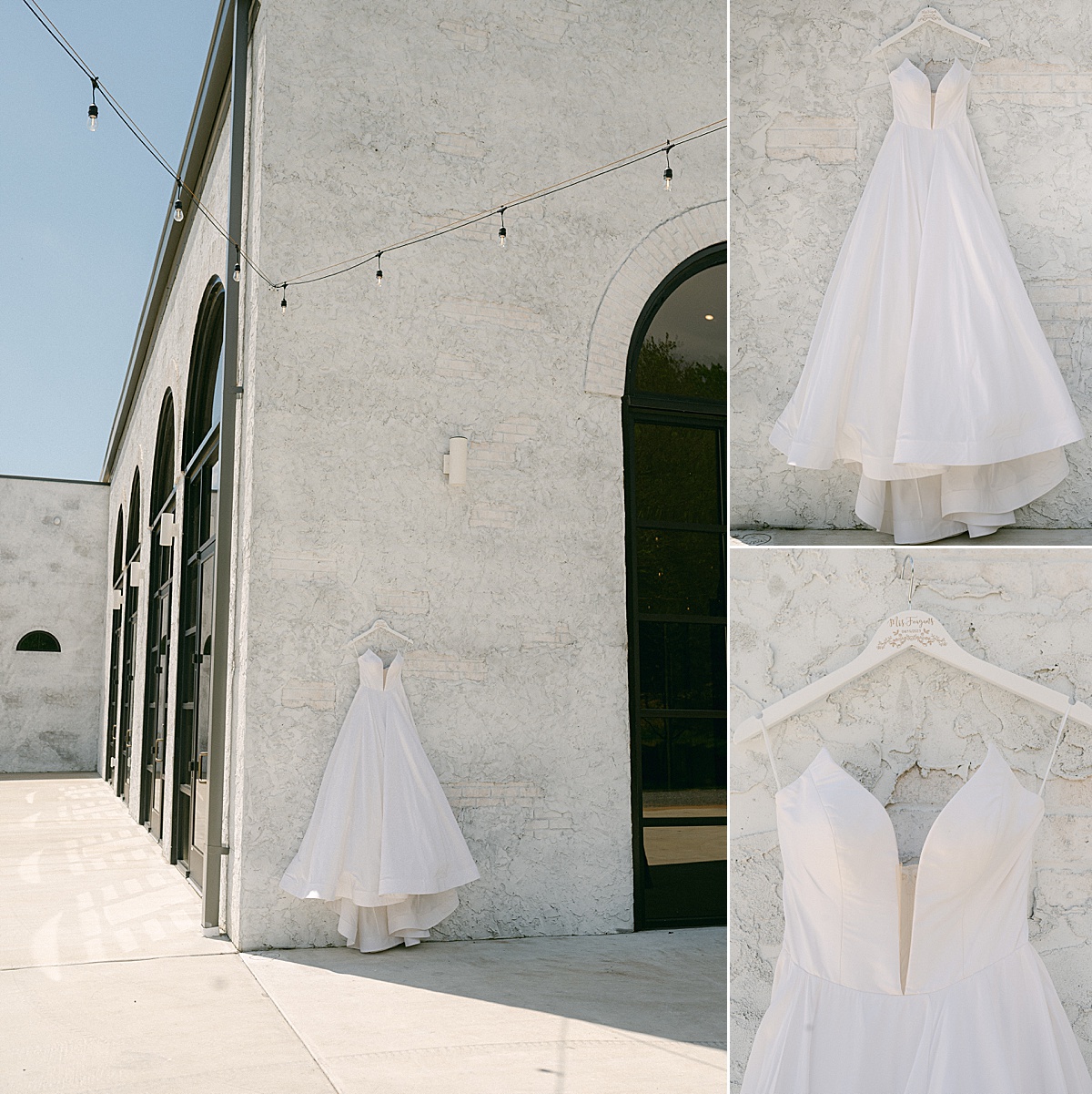 Elegant ball gown wedding dress on a custom white hanger at Howe Farms in Tennessee. 