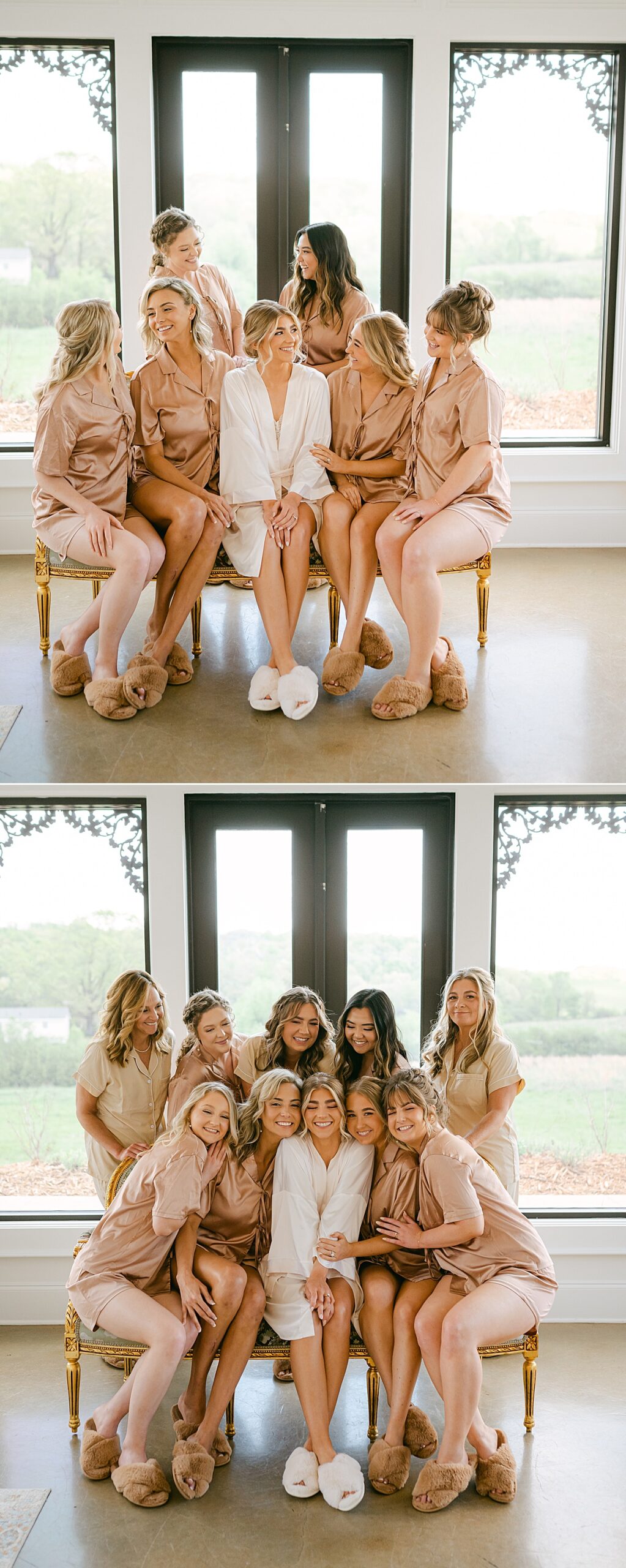 Bride and bridesmaids in matching white and caramel satin pajamas.  