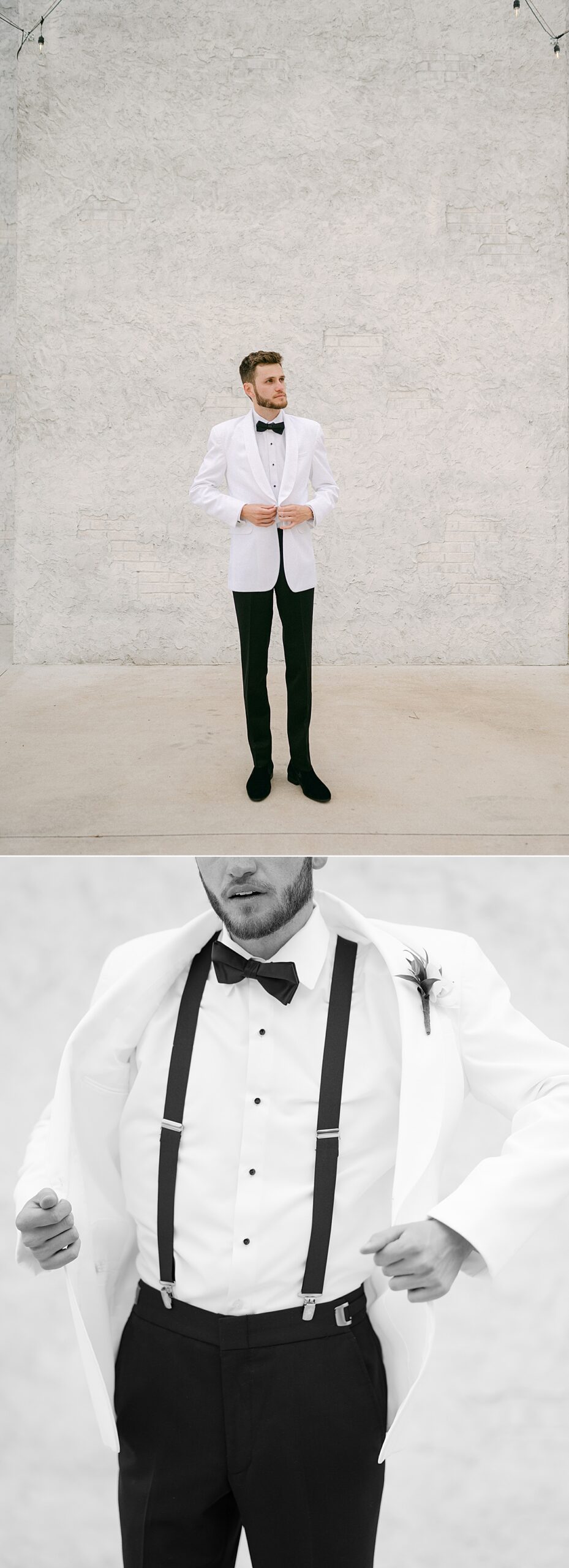 Groom wearing black trousers, and a white jacket with a black bowtie, shoes and shirt buttons.  