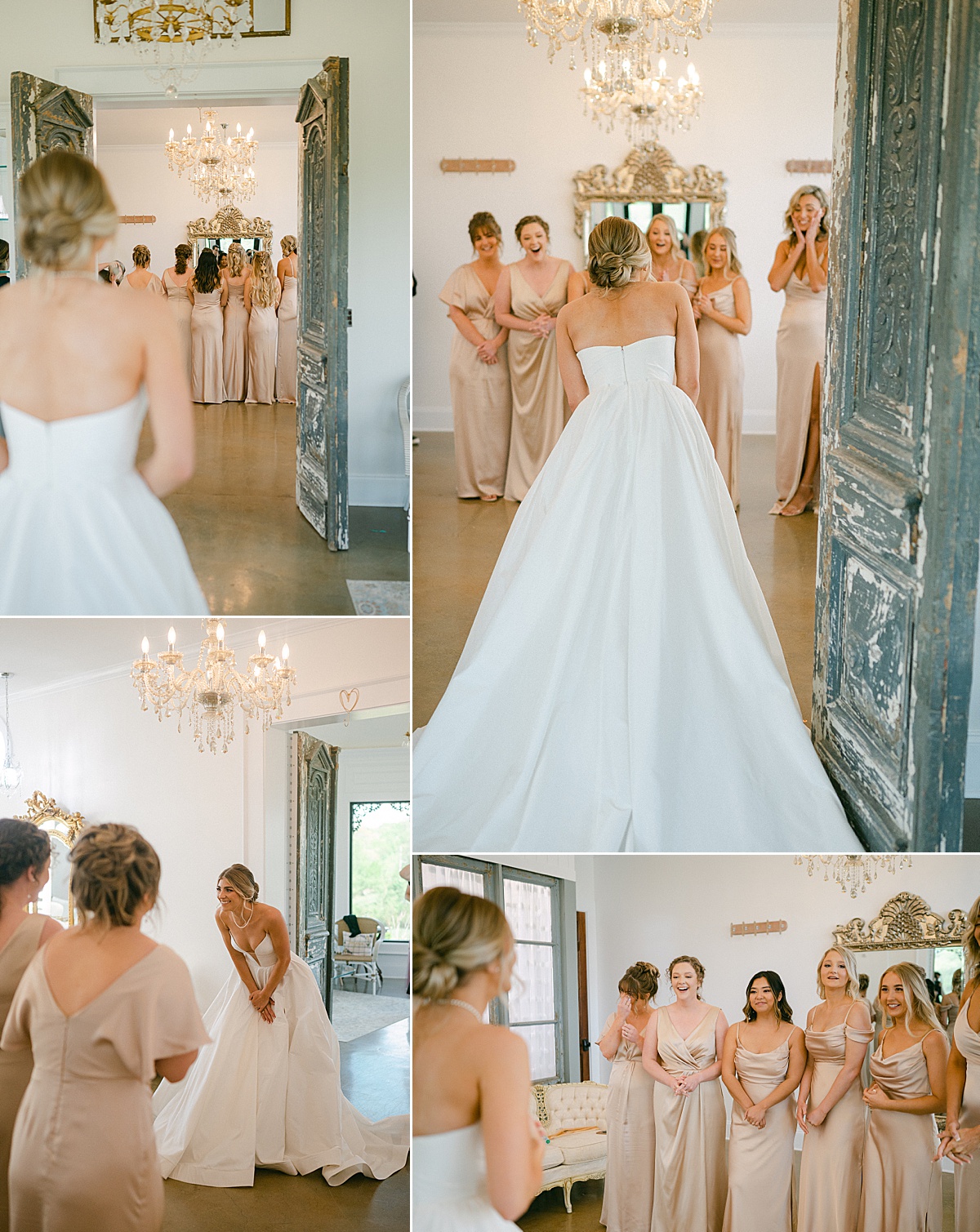 Exciting first look moment between the bride and her six bridesmaids before the ceremony. 