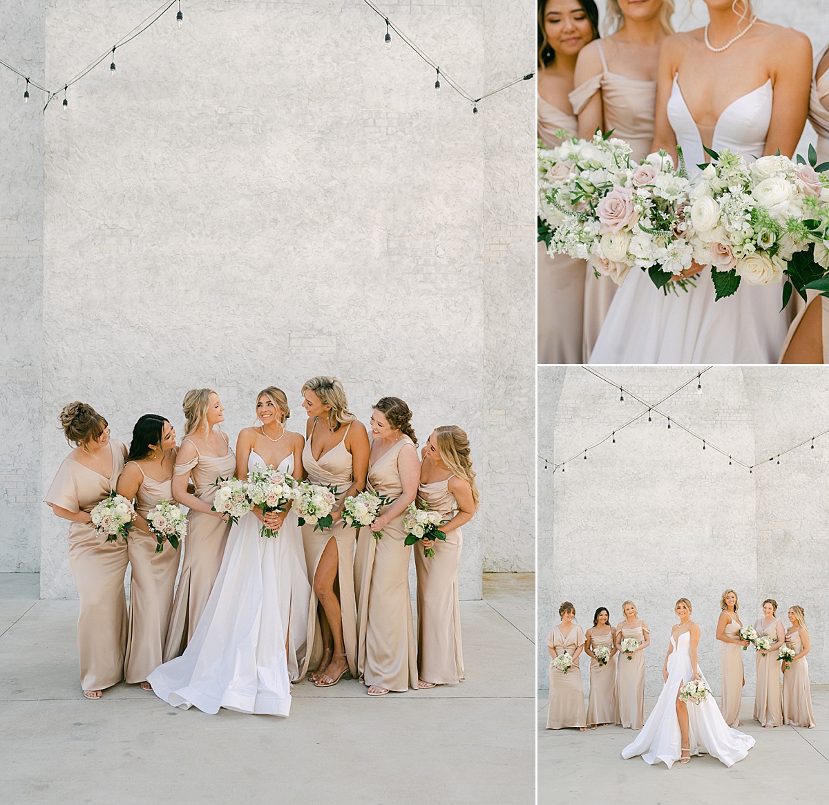 Elegant champagne bridal party with neutral and blush toned floral bouquets. 