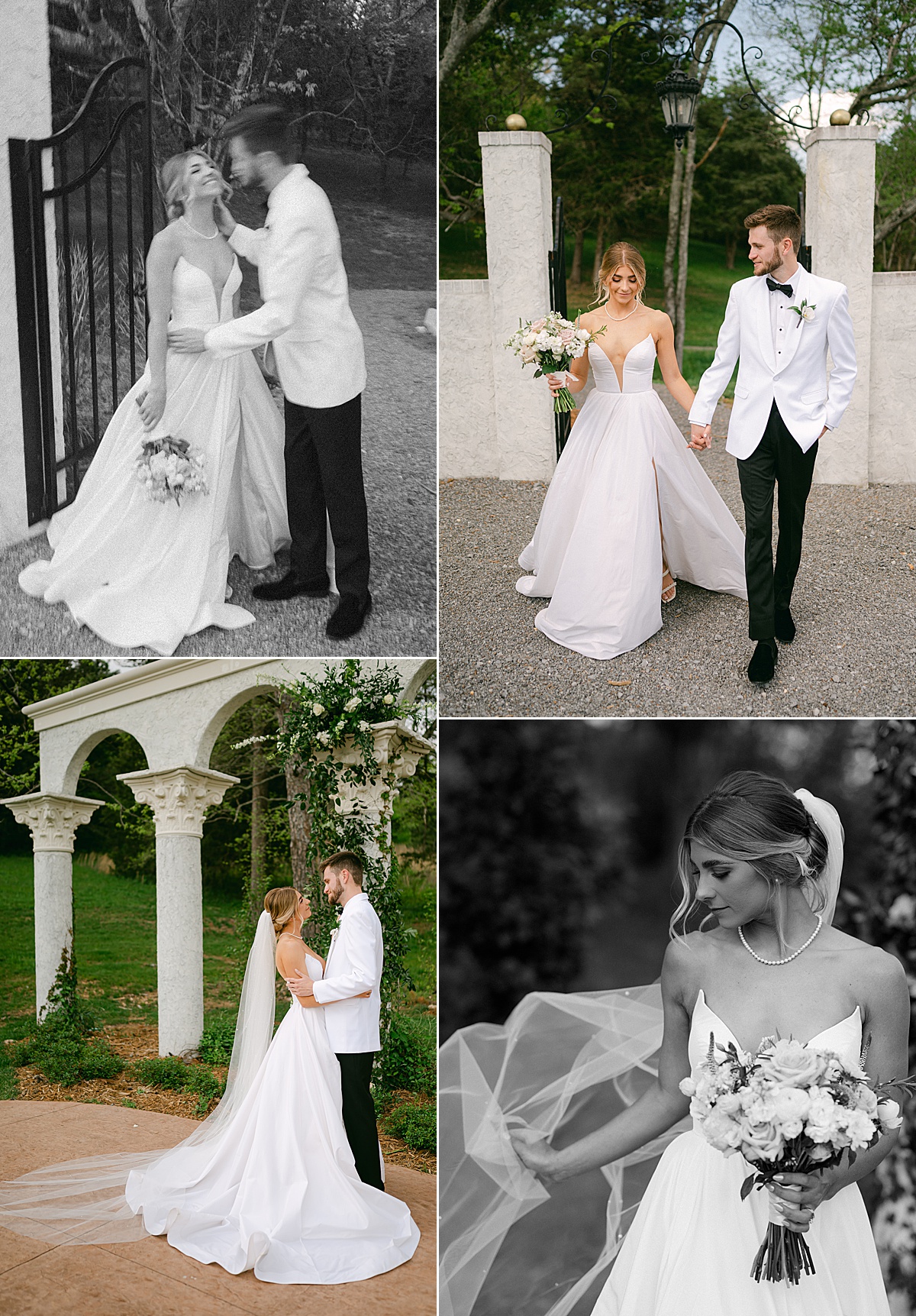 Bride and groom editorial style wedding portraits by the gates of their wedding venue The Woodlands at Five Gables. 