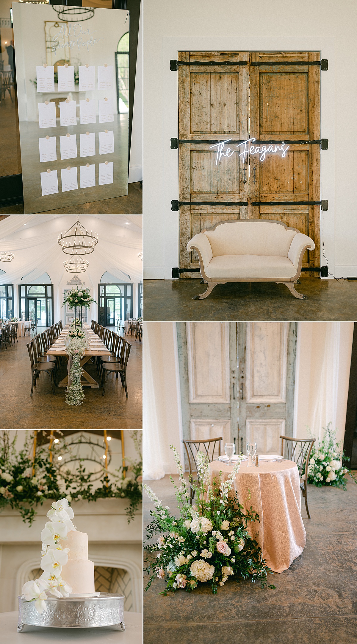 Fairytale wedding reception at The Woodlands at Five Gables event venue featuring neutral details and large florals. 