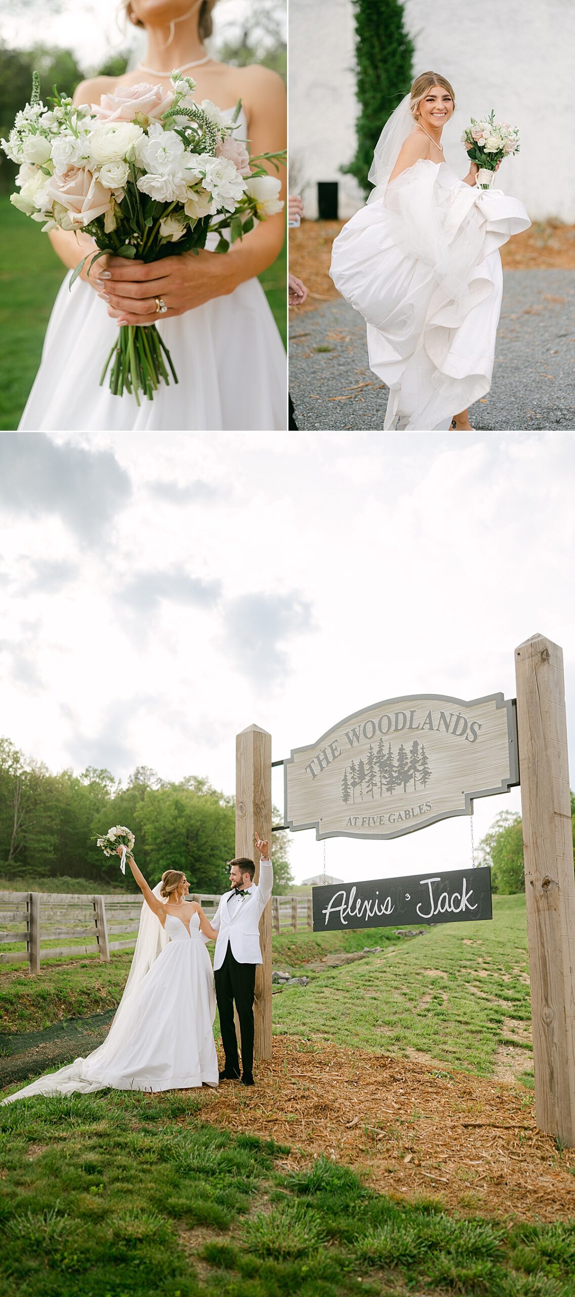 Bride and groom portrait posing by their venue The Woodlands at Five Gables sign. 