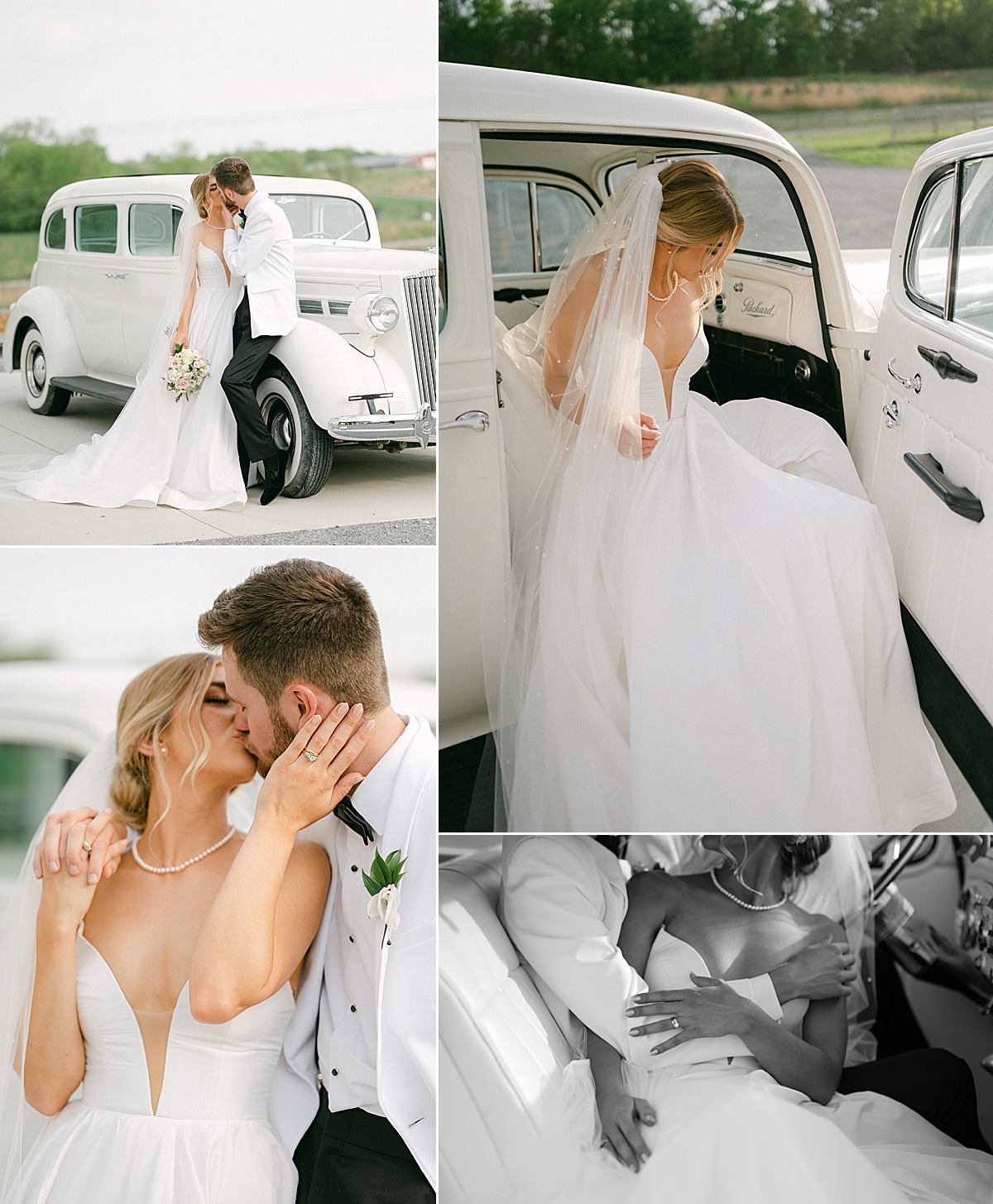 Bride and groom romantic editorial portraits with a vintage white Rolls Royce. 