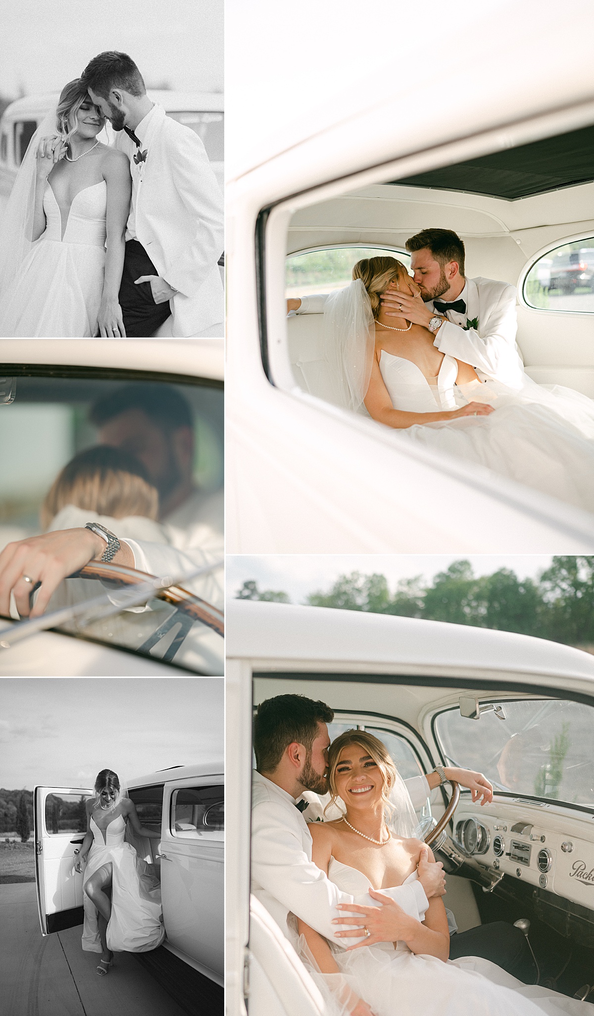 Bride and groom portraits with a vintage white Rolls Royce. 