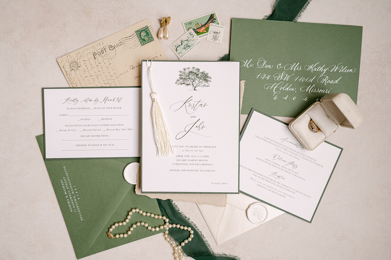 Modern and chic Legare Waring House sage green wedding invitation suite flat lay. 