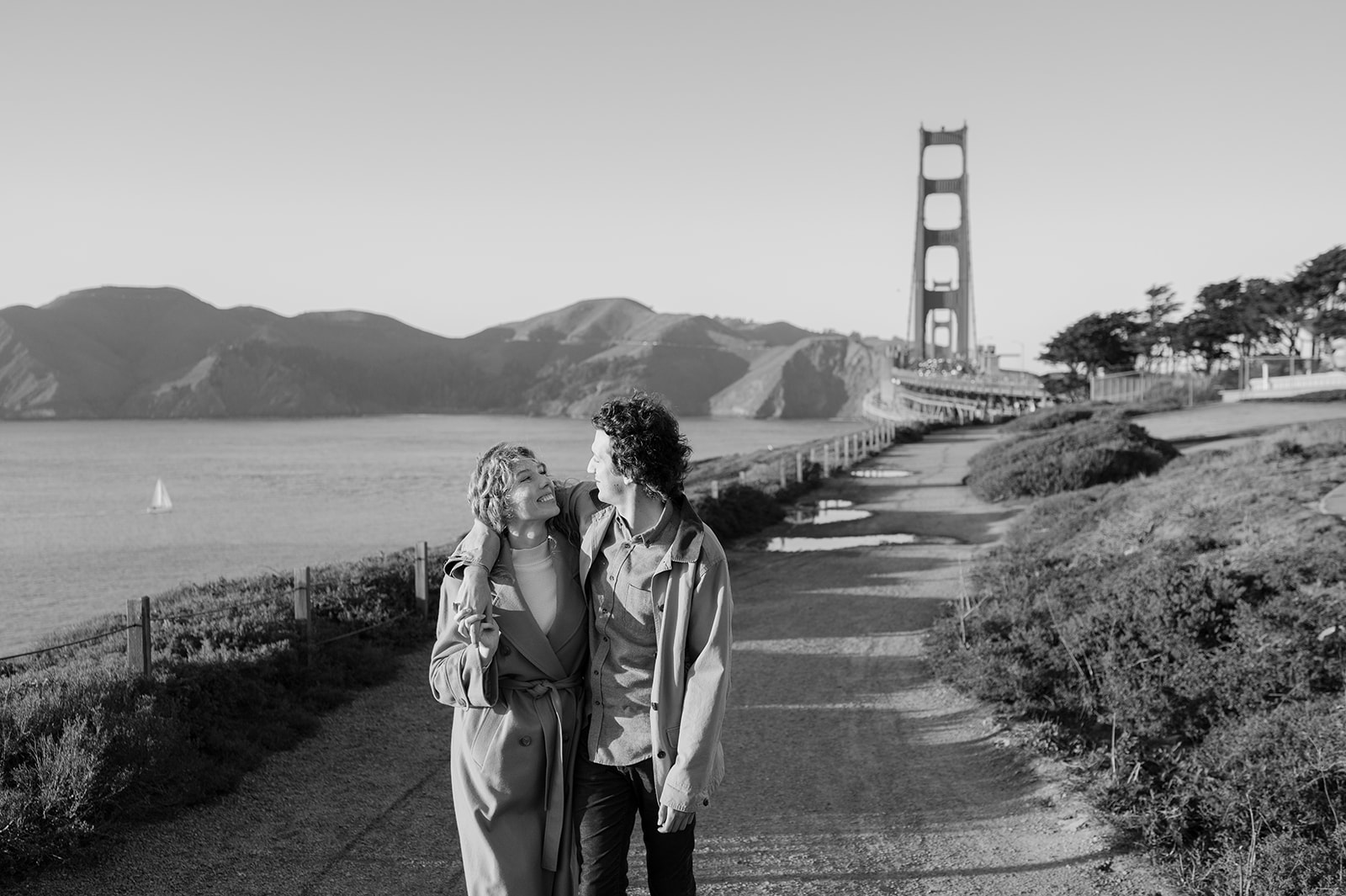 Black and white San Francisco Golden Gate Bridge engagement photo. 