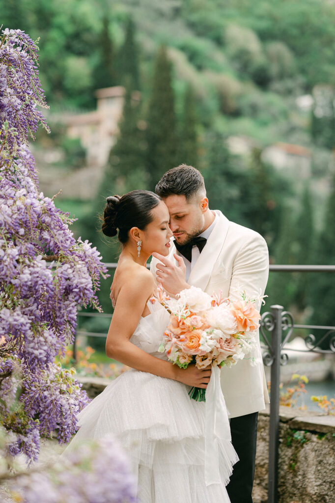 Modern pastel editorial wedding at Villa Cipressi in Lake Como, Italy bride and groom portraits. 