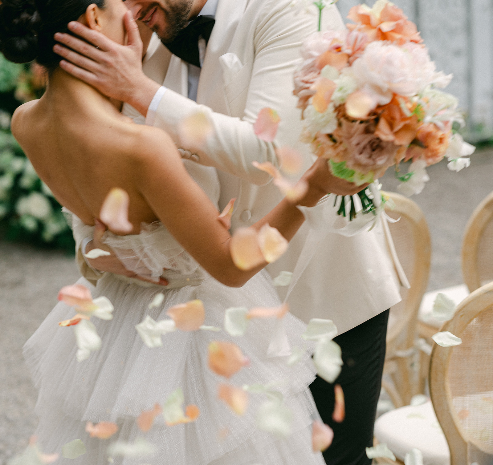 Modern romantic pastel wedding petal toss.