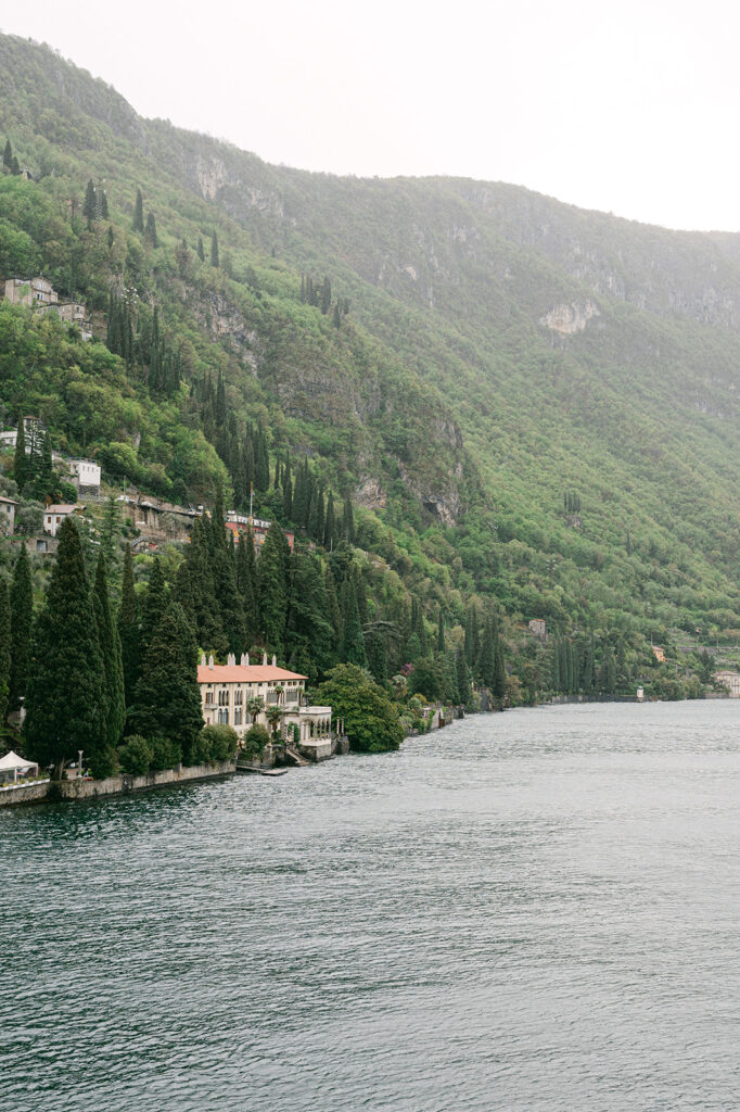 Wide-angle view of Villa Cipressi on Lake Como, Italy. 