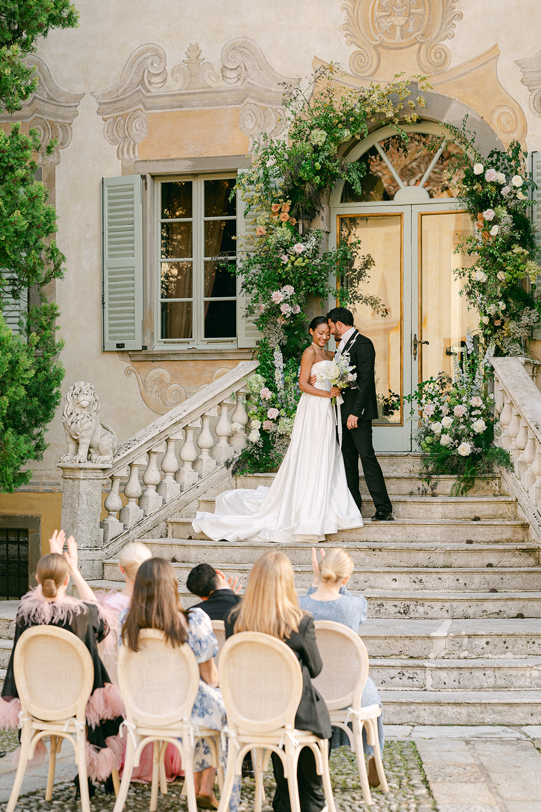 Romantic garden destination wedding ceremony at Villa Canton in Bergamo, Italy.